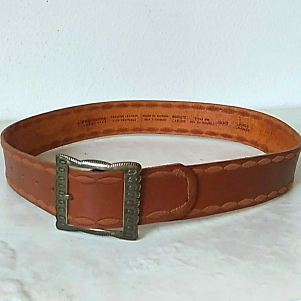 Liz Claiborne 100% genuine leather embroidered belt with brass buckle1992